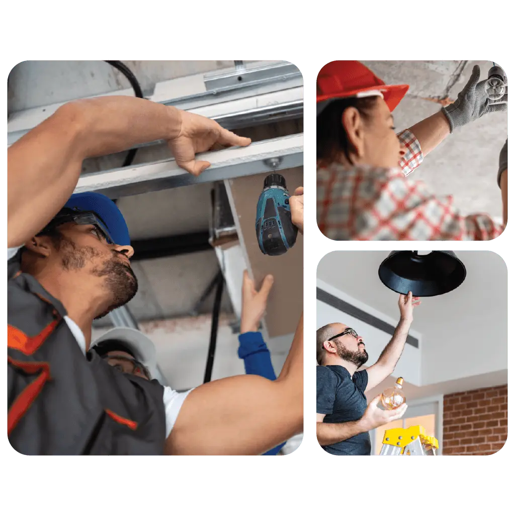 Electrician installing ceiling lights in a modern Dubai interior space