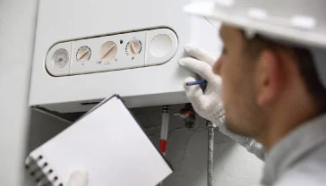 Technician installing a residential water heater in a Dubai apartment bathroom