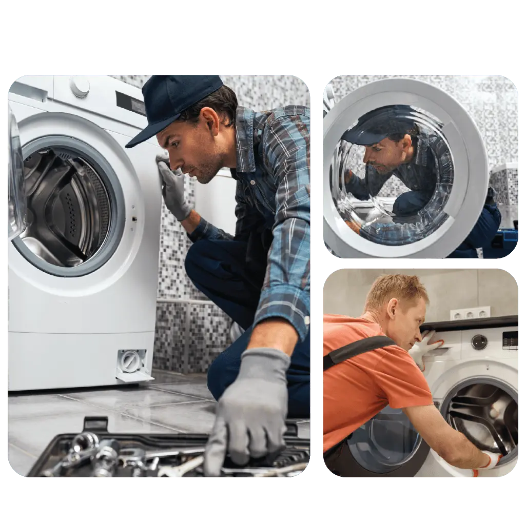 Technician installing a front-load washing machine in a modern Dubai home