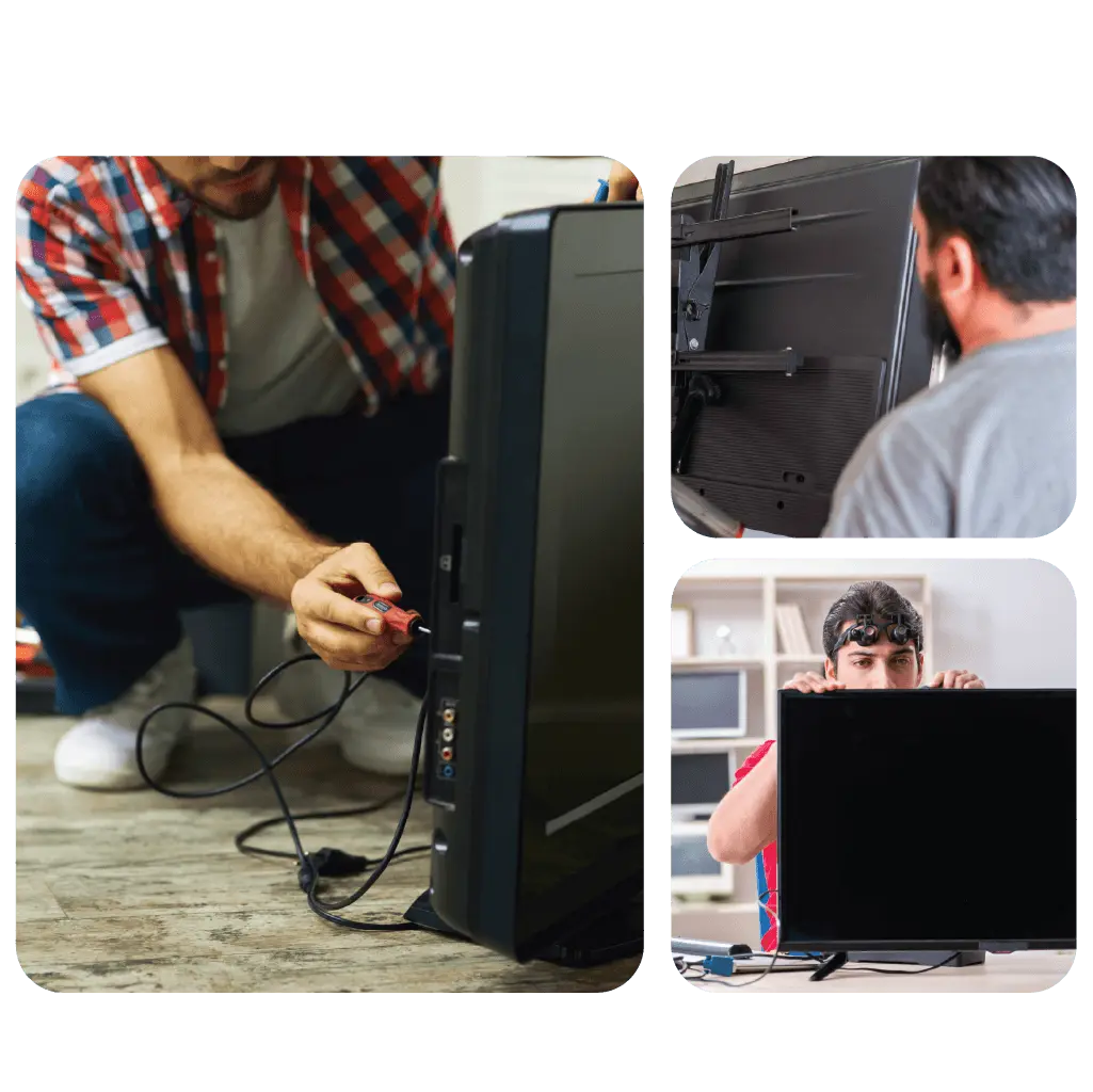 Technician mounting a flat screen TV on the wall in a modern Dubai living room