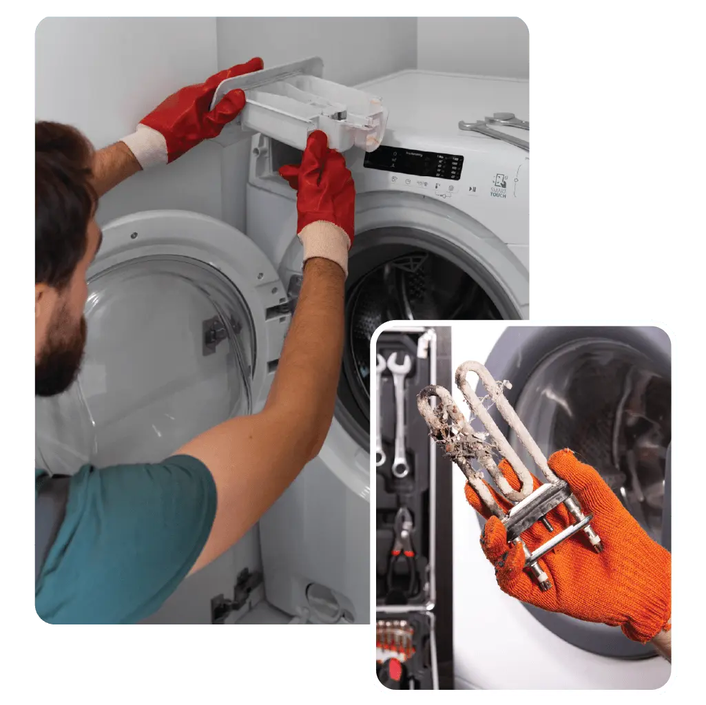 Technician installing a front-load washing machine in a Dubai residential laundry room