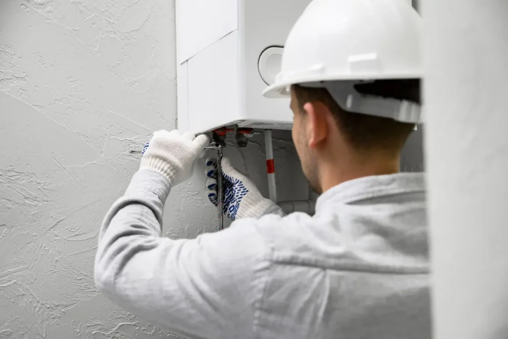 Certified technician performing water heater installation in a Dubai